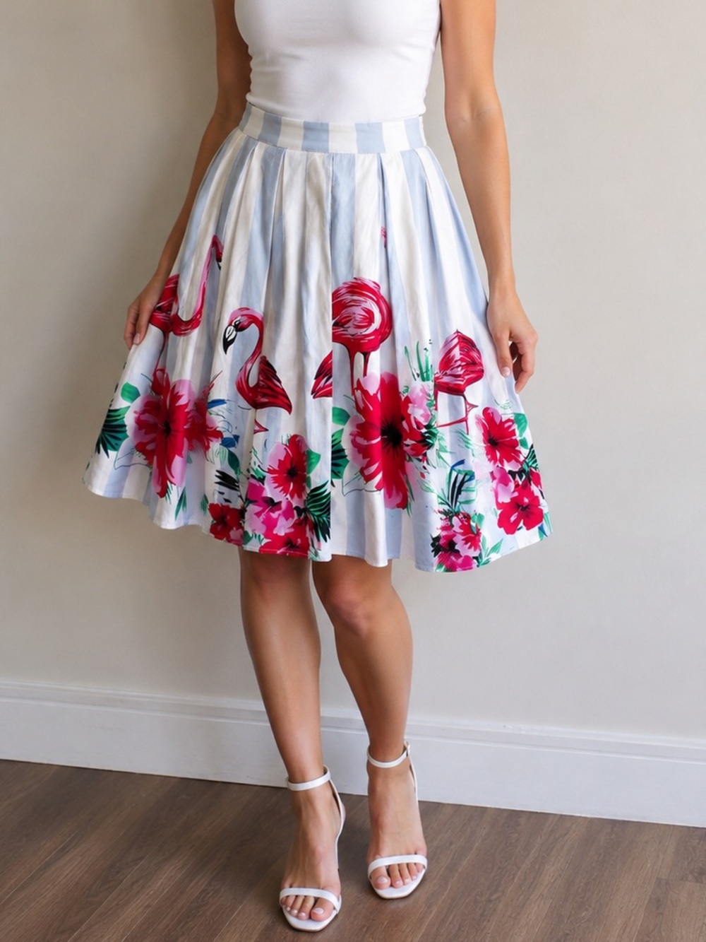 Artsy Blue White Stripe Floral Flamingo Pleated A-Line Skirt Fun Party Midi XL